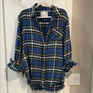 R13 Blue Plaid Frayed Shirt